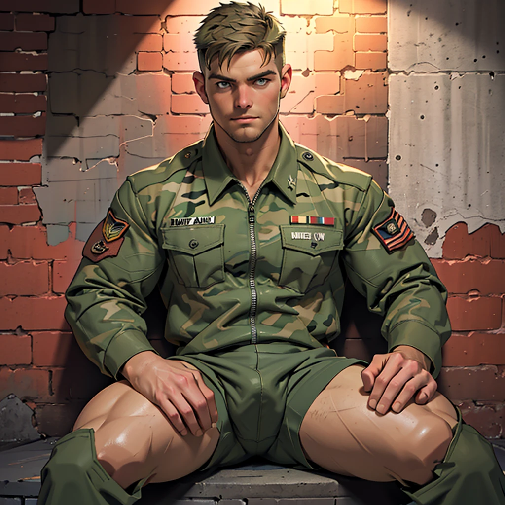 32k, high quality , detailed face , detailed hands , detailed muscles , stephen amell posing  as a military man wearing camouflage suit ,standing with((( spread legs))), showing his muscles and bulge , ((background brick wall with lot of army posters ))