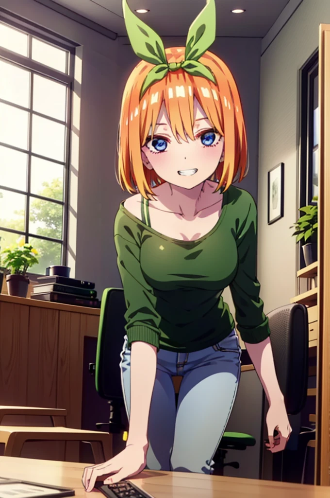 Yotsubanakano, Yotsuba Nakano, bangs, short hair, blue eyes, Hair between the eyes, hair ribbon, hair band, Orange Hair, (Green ribbon:1.5), smile, Grin,Green tank top,Skinny jeans,Stiletto heels,There is a computer on the table,interior,Walking,whole bodyがイラストに入るように,
break indoors, オフィス
break looking at viewer, whole body,
break (masterpiece:1.2), Highest quality, High resolution, unity 8k wallpaper, (figure:0.8), (Beautiful attention to detail:1.6), Highly detailed face, Perfect lighting, Highly detailed CG, (Perfect hands, Perfect Anatomy),