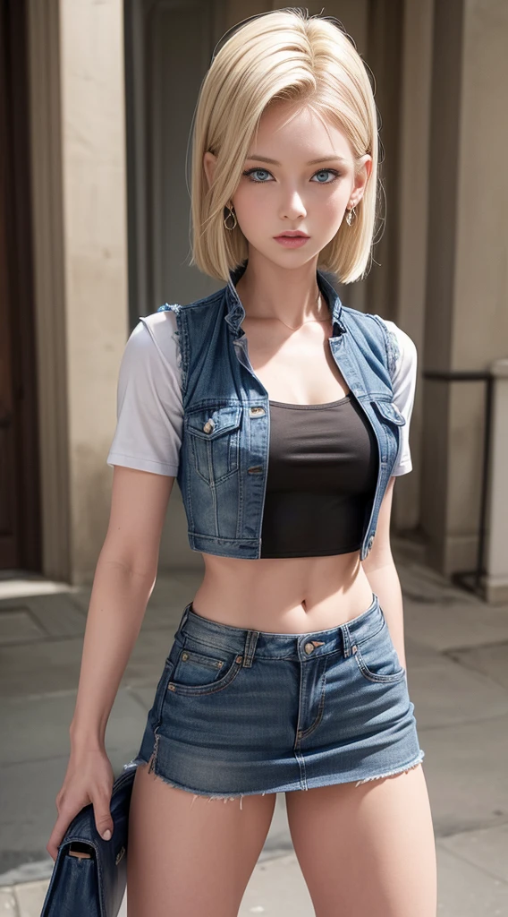 Best Quality, High Resolution, and18, 1girl in, Android 18, Solo, Blonde Hair, Blue Eyes, Short Hair, Earrings, Jewelry, Short Sleeve Denim Vest, Open Vest, Black Stockings, Jeans Miniskirt, Blue Mini Skirt, Sexy Heels , medium breasts, Cowboy Shot, Street, (full body shots), (externally expanded chest: 1.2)
