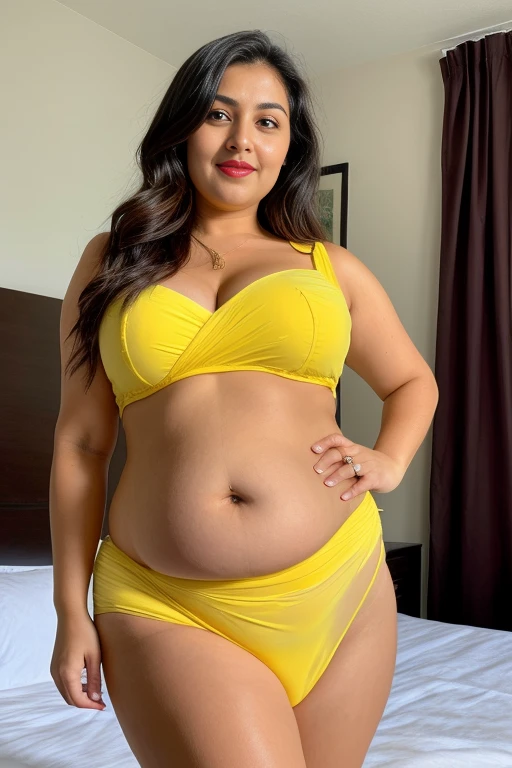 photo portrait of beautiful Indian busty milf belly fat model, posing inside her bedroom wearing sexy yellow see through saree , her waist is 36 and fatty stomach, looking at viewer, lense flare, (realistic eyes, symmetric face:0.8) (masterpiece:1.2) (photorealistic:1.2) (bokeh) (best quality) (detailed skin) (intricate) (8k) (HDR) (cinematic lighting) (sharp focus), big breast, big natural lips, dark red lips, sparkling day dreams eyes. Revealing her belly fat wearing a golden chain around her belly