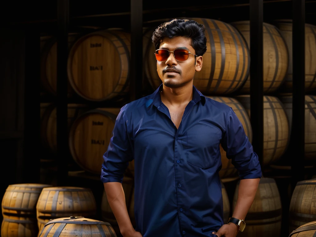 there is a man standing in front of a pile of barrels, jayison devadas style, jayison devadas, stylish pose, wearing an black t shirt, shot on nikon z9, casual photography, portrait shot 8 k, * colour splash *, with lovely look, taken with sony alpha 9, candid picture, wearing orange sunglasses, movie stills photography, portrait mode photo