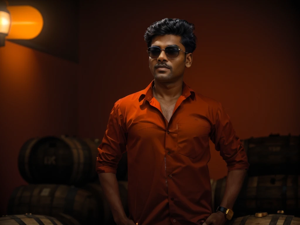 there is a man standing in front of a pile of barrels, jayison devadas style, jayison devadas, stylish pose, wearing an black t shirt, shot on nikon z9, casual photography, portrait shot 8 k, * colour splash *, with lovely look, taken with sony alpha 9, candid picture, wearing orange sunglasses, movie stills photography, portrait mode photo