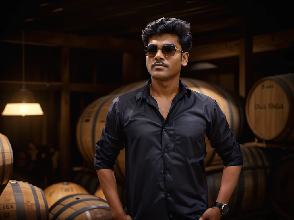 there is a man standing in front of a pile of barrels, jayison devadas style, jayison devadas, stylish pose, wearing an black t shirt, shot on nikon z9, casual photography, portrait shot 8 k, * colour splash *, with lovely look, taken with sony alpha 9, candid picture, wearing orange sunglasses, movie stills photography, portrait mode photo