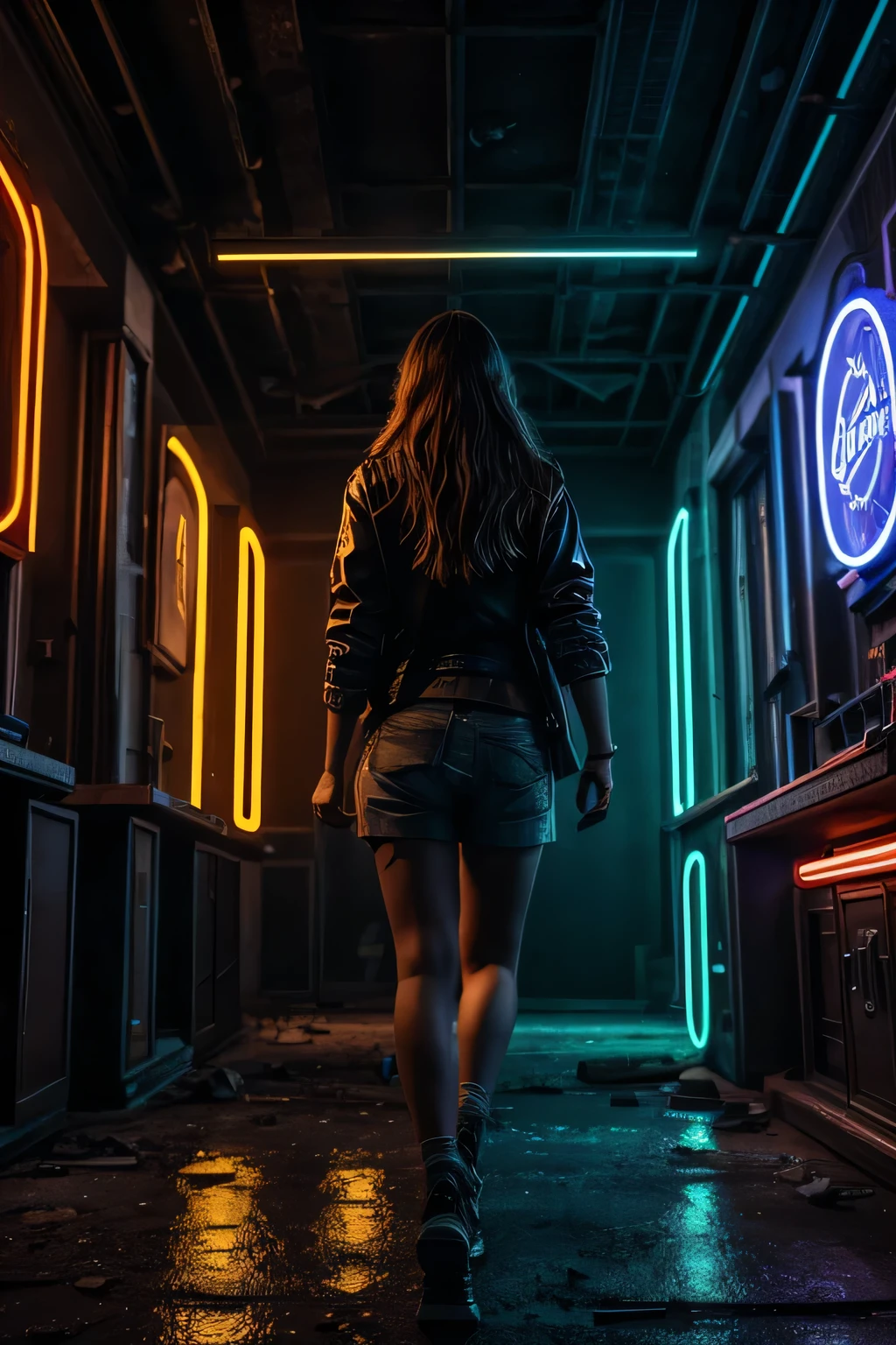 Suggestive picture of a young woman in an abandoned penny arcade, walking towards the camera, in a hall full of weathered and rusty arcade machines with neon colors. (RAW photo, best quality),(realistic, photo-realistic:1.3),best quality,highly detailed,masterpiece,ultra-detailed,illustration,1girl,dynamic angle,world masterpiece theater,messy_long_hair,best quality,extremely detailed CG unity 8k wallpaper,ink,Amazing,cinematic lighting,lens_flare