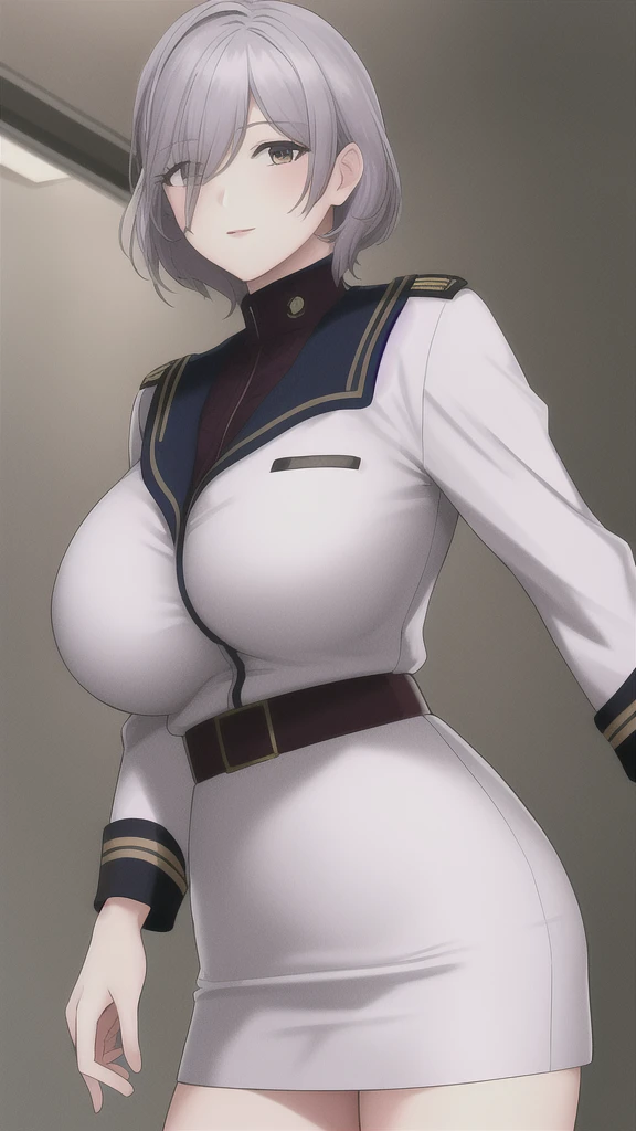 sallysaintford, huge_breasts, standing, solo, Naval_uniform_White_jacket_White_pencil_skirt_miniskirt_Belt_long_sleeves_turtleneck, masterpiece, best_quality, detailed_face, detailed_eyes, highres, beautiful, detailed,