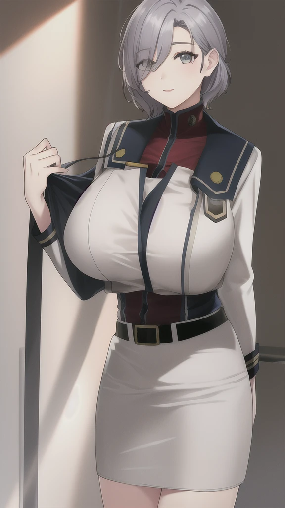 sallysaintford, huge_breasts, standing, solo, Naval_uniform_White_jacket_White_pencil_skirt_miniskirt_Belt_long_sleeves_turtleneck, masterpiece, best_quality, detailed_face, detailed_eyes, highres, beautiful, detailed,