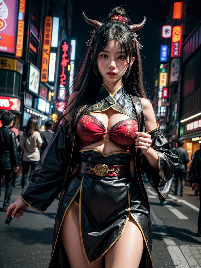 (masterpiece, cinematic photograph capturing the bustling streets of Shibuya, Japan, adorned with a procession of "oni" - traditional Japanese demons, parading through the night under the gaze of the intrigued crowd:1.3), (meticulously composed to convey the dynamic energy of the scene and the mystique of the "oni" creatures:1.2), (the intricate details of the "oni" costumes and the expressions of the people in the crowd adding depth to the visual narrative:1.1), (meticulous attention given to the neon-lit surroundings and the vivid contrast between the "oni" and the modern cityscape:1.1), (the chosen camera, a Canon EOS 5D Mark IV, renowned for its low-light performance, effectively capturing the vibrant atmosphere of the scene:1.1), (paired with a Canon EF 24-70mm f/2.8L II USM lens, allowing for versatility and sharpness in the wide-angle composition:1.1), (a portrayal that evokes a sense of enchantment and cultural fusion in the heart of a bustling city:1.1), (an image that invites viewers to immerse themselves in the urban fantasy and explore the intersection of tradition and modernity:1.1), (an artwork that encapsulates the vibrant nightlife of Shibuya and the captivating allure of the "oni" parade:1.1), (an invitation to witness a unique blend of myth and reality, captured in a cinematic frame:1.1), (a photographic journey that transports the audience to the lively streets of Tokyo's most iconic district:1.1)), Cinematic, Hyper-detailed, insane details, Beautifully color graded, Unreal Engine, DOF, Super-Resolution, Megapixel, Cinematic Lightning, Anti-Aliasing, FKAA, TXAA, RTX, SSAO, Post Processing, Post Production, Tone Mapping, CGI, VFX, SFX, Insanely detailed and intricate, Hyper maximalist, Hyper realistic, Volumetric, Photorealistic, ultra photoreal, ultra-detailed, intricate details, Super detailed, Full color, Volumetric lightning, HDR, Realistic, Unreal Engine, 16K, Sharp focus, Octane render