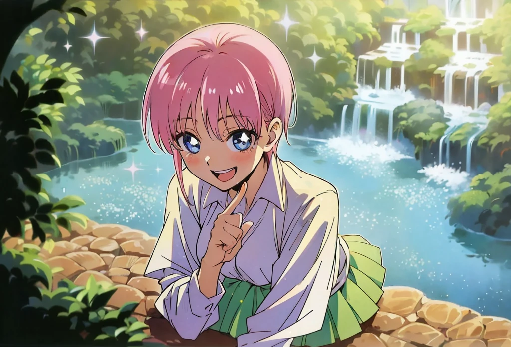 Scenery, light blue sky, 1girl, ichika sitting in the waterfalls, cloud, sitting on rocks in the middle of the waterfall, magical photography, ultra-detailed, 4k, Depth of field, High-resolution, outdoors, starry night sky, starts made of iridescent tears, pastel aesthetic colors, sfw, nakano_ichika, aaichika, Nakano ichika sitting in the waterfall, pixie cut, short silky pink hair, masterpiece, 4k, ultradetailed, cowboy shot, nakano ichika, blue eyes, sparkling eyes, green bowtie, veiled pretty iridescent dress, minimal dress, attractive confident smile, happy, cute, Official art、Beautifully Aesthetic:1.2)、(a beauty girl:1.3)、vivid colours、colourful, Soft Light, Deep Focus Bokeh, fantasy, galaxy, sparkling, splendid, colorful, dramatic lighting, intricate details, (1 girl, solo, alone), intricate details, sfw, nakano_ichika, sparkling eyes, laughing happily, crystal, fantasy, shimmering, sparkling, splendid, colorful, bright colours. fix her hands