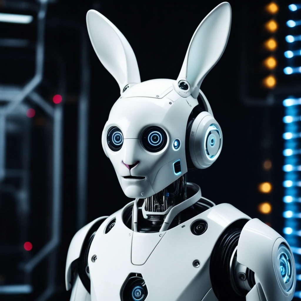 white robot with robot rabbit ears, with cyan details