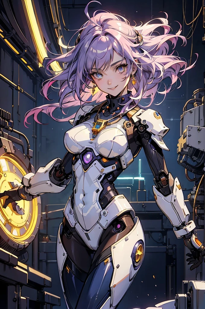 a cute robot girl, beautiful artwork, ((masterpiece)), best quality, ultra-detailed, extremely detailed, 4K, 8K, best quality, steampunk, no bad anatomy, beautiful, anime style, laboratory, watercolor, retro art style, dynamic angle, jumping pose, robot suit, beautiful purple hair, beautiful yellow eyes, beautiful eyes, mesh, transparent hair, translucent hair, fingered gloves, earrings, necklace, smile, light smile, sparkling effect