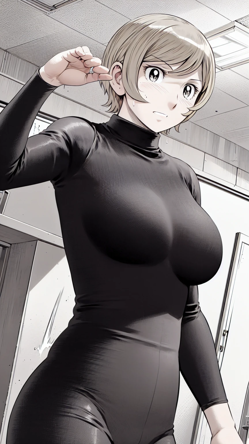 、(masterpiece、Highest quality)、Highest quality, Ultra-high resolution, (((masterpiece))), alone, Sweat、Big eyes,office、Tight white dress shirt、Tight black suit、Tight black pants、indoor、Composition from the front、(Cut the back hair short、short hair、blonde、woman)、Shortcuts、Embarrassed face、Cut your hair short、可愛いwomanの子、Big Breasts