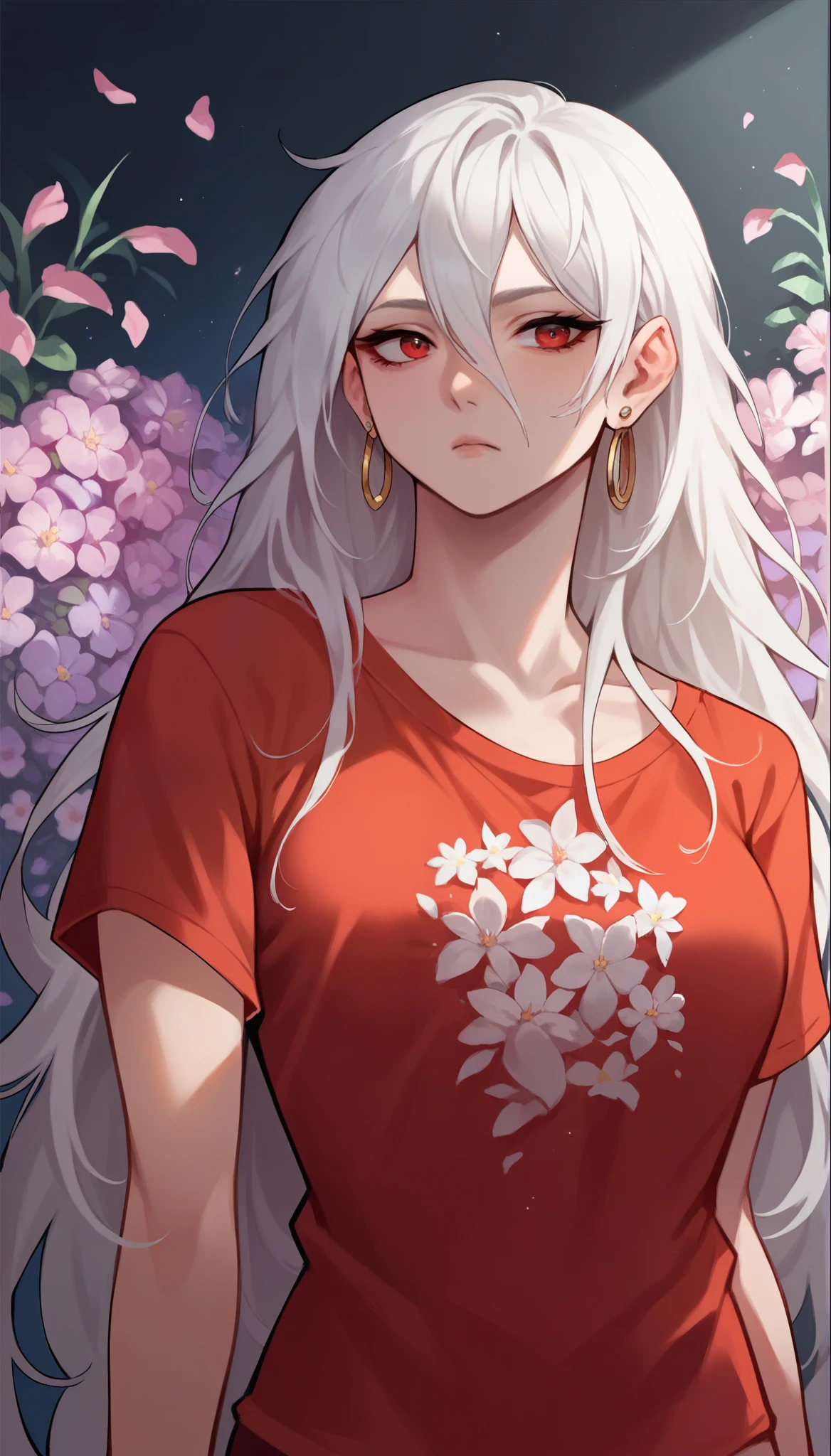 score_9, score_8_up, score_7_up, score_6_up, score_5_up, score_4_up, woman, solo, Floral print t-shirt with oversized, abstract flowers in vibrant colors, thoughtful, earrings, white hair, Dark Red eyes, very long hair, hair between eyes, side tilt, medium breasts, lightweight, morn, drastically, saas