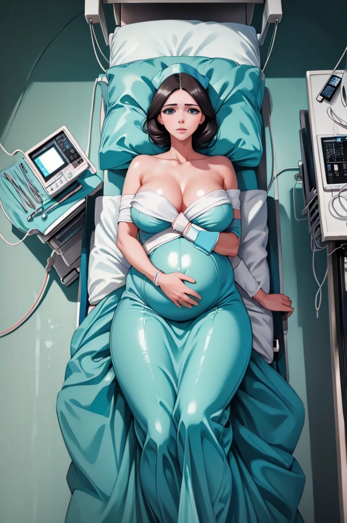 (give a score of 9_give a score of 8_give a score of 7)
masterpiece, highest quality, best quality, view from top down,
in a hospital, 1 pregnant woman, about 38 years old, 9 months pregnant, solo, wore a bouffant cap, had a pained look on her face, frowned, unconscious, lying on the operating table, lying on her back, arms outstretched., Spread your arms, on the operating table, in the operating room, there was a blanket covering both of her slender legs, big breasts, cover your breasts, cover your legs, expose your stomach, Sleep with your legs wide open, do not bring your hands together on your stomach, show your belly completely, navel is visible, belly is visible. of her who is pregnant, this is a scene of a pregnant woman suffering from difficult childbirth