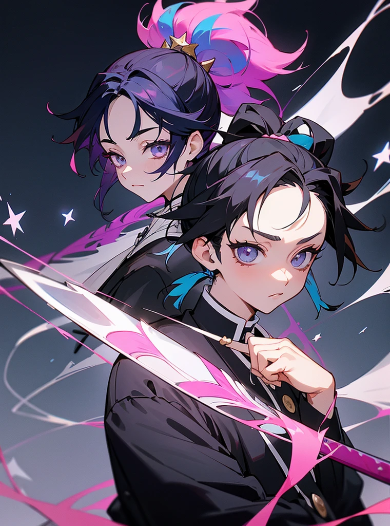 Create a demon slayer with a blue haori with stars hair tied with a ponytail of short black hair and pink highlights, grey eyes, 21 years old, semi white skin and would, in the style of kimetsu no yaiba and his katana with a star hilt, beautiful and take the stars' breath