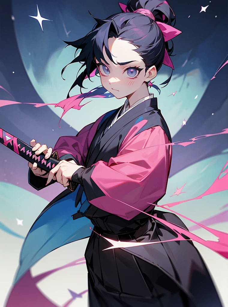 Create a demon slayer with a blue haori with stars hair tied with a ponytail of short black hair and pink highlights, grey eyes, 21 years old, semi white skin and would, in the style of kimetsu no yaiba and his katana with a star hilt, beautiful and take the stars&#39; breath