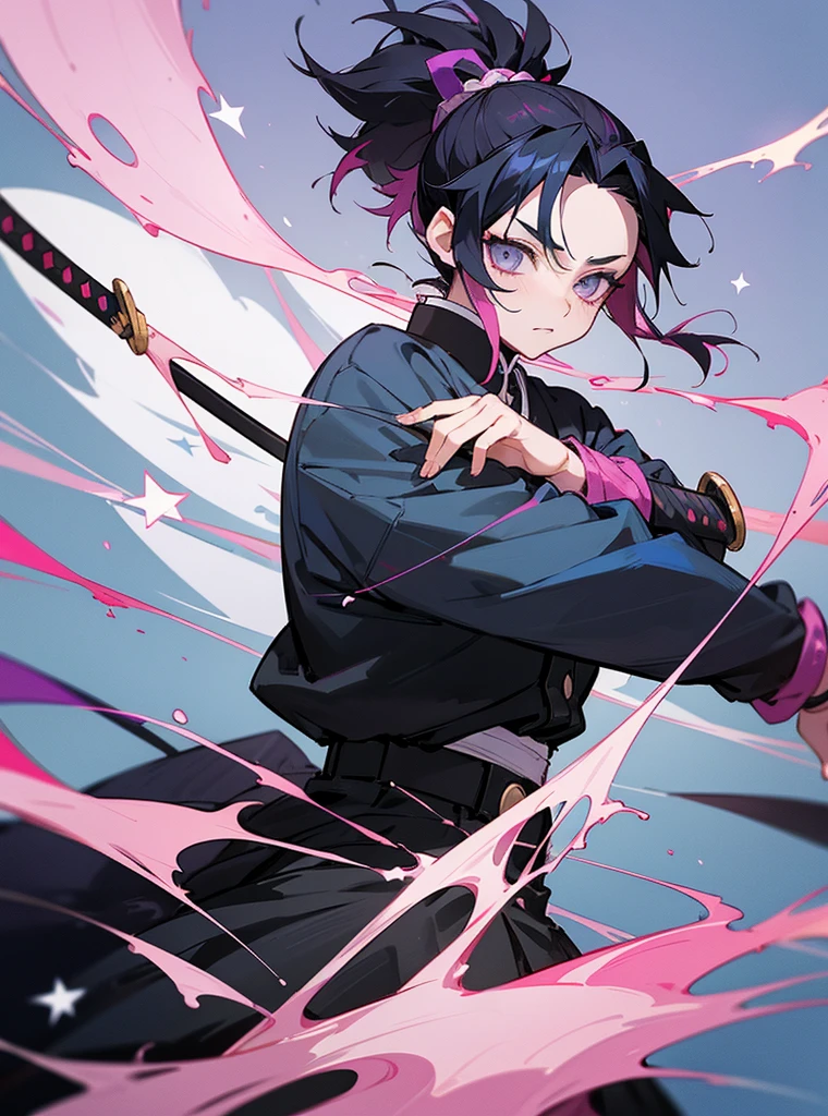 Create a demon slayer with a blue haori with stars hair tied with a ponytail of short black hair and pink highlights, grey eyes, 21 years old, semi white skin and would, in the style of kimetsu no yaiba and his katana with a star hilt, beautiful and take the stars&#39; breath