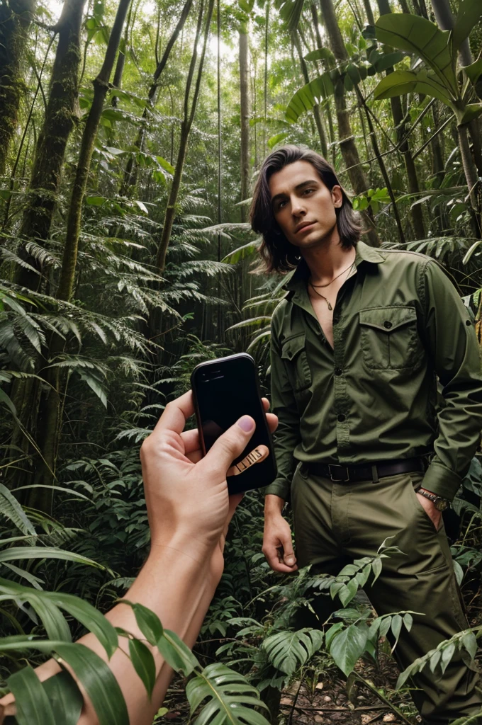 Jungle deweller holding iPhone in his hand in the forest