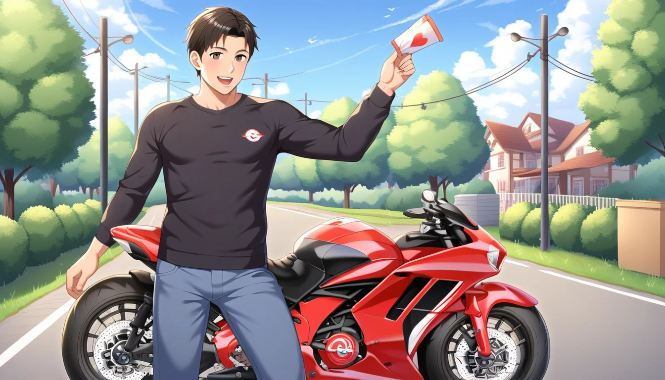 score_9, score_8_up, score_7_up, source_anime, detailed, rating safe, front view, very wide shot, a motorcycle holding delivery box runs in the town, rider is a middle aged man wearing cook clothes, masterpiece, best quality, 8k,