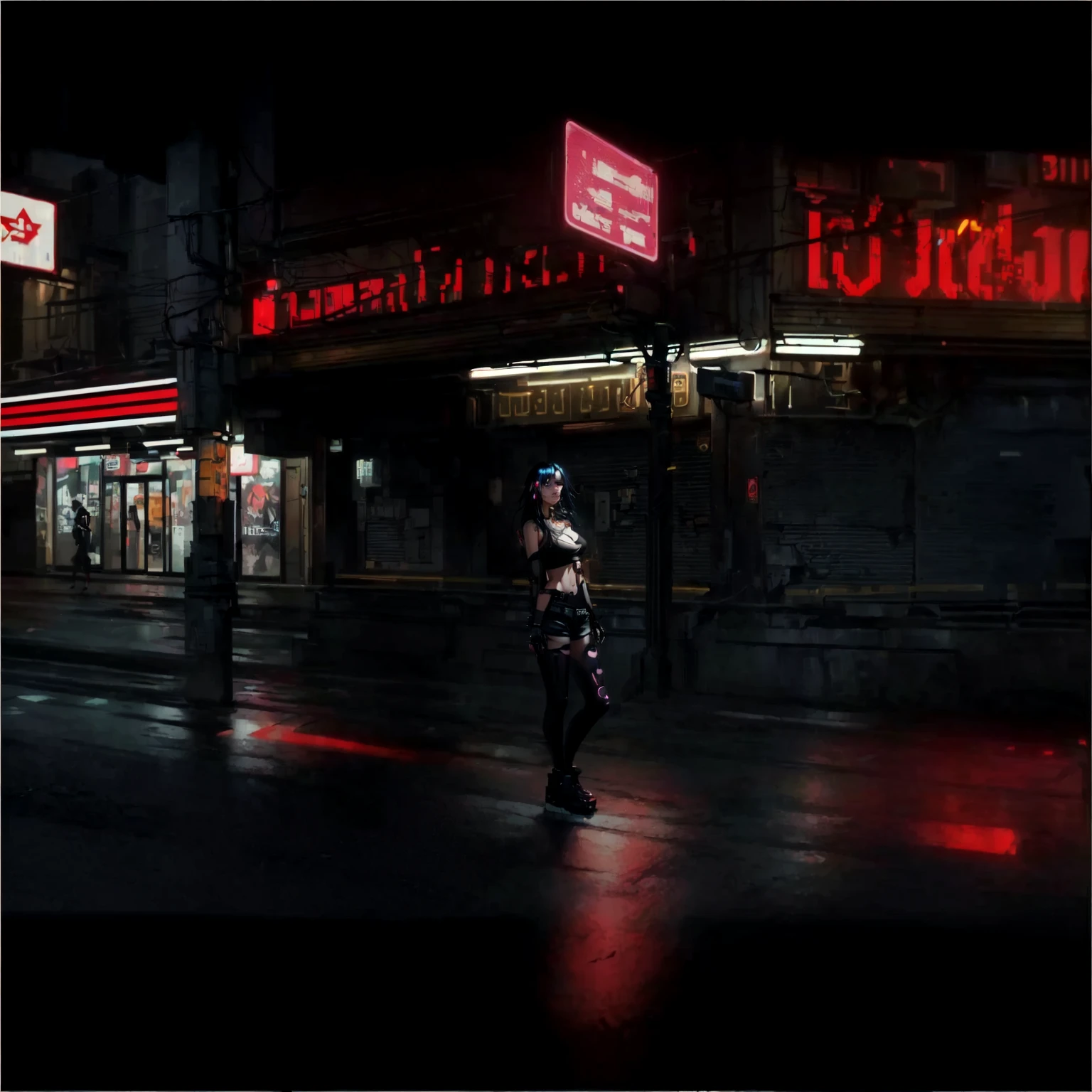arafed image of a woman in a black top and shorts standing in a crowded street, cyberpunk vibe, cyberpunk vibes, cyberpunk art style, cyberpunk girl, urban girl fanart, artwork in the style of guweiz, beautiful digital artwork, stylized urban fantasy artwork, deviantart artstation cgscosiety, in cyberpunk city, trending on cgstation