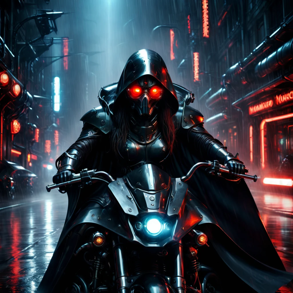 (Rainy Night: 1.5), (Motion Blur Effect: 1.5), Heavily armored Grim Reaper riding a dark futuristic motorbike, detailed beautiful woman face, Big , flowing black cape, red glowing eyes, beautiful woman hands on the handlebars, dark chrome motorbike with angular design, neon cyberpunk city background, dramatic lighting, cinematic composition, photorealistic, 8k, ultra detailed, EdobHorrorLandscape, cute sexy girl, Mechanicus