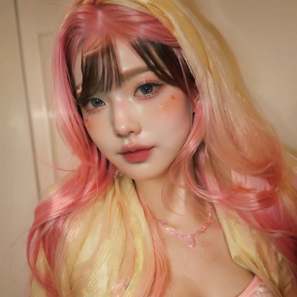 a close up of a woman with pink hair and makeup, pink face, light pink hair with pink flames, blonde hair with pink highlights, glowing pink face, pastel pink skin tone, pop makeup style, decora inspired, rave makeup, with pink hair, long flowing pink hair, the face of absurdly beautiful, pastel makeup, y 2 k cutecore clowncore. Wonyoung.