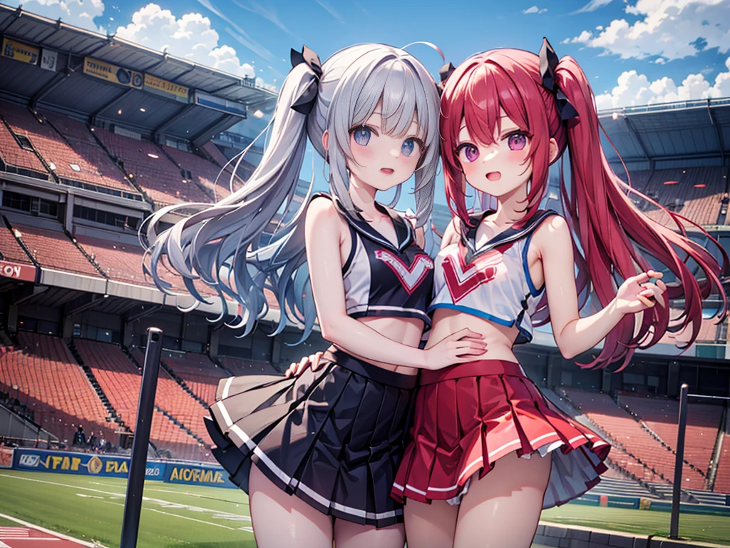 RAW Photos, Highest quality, High resolution, Very detailed、 8K image quality、Cheerleader trio、skirt、13 years old、Stadium、Put your arm around someone's shoulder