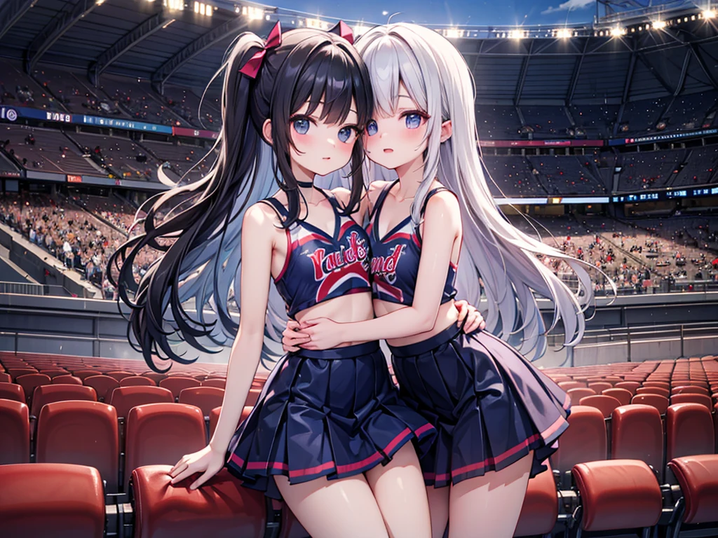 RAW Photos, Highest quality, High resolution, Very detailed、 8K image quality、Cheerleader trio、skirt、13 years old、Stadium、Put your arm around someone's shoulder