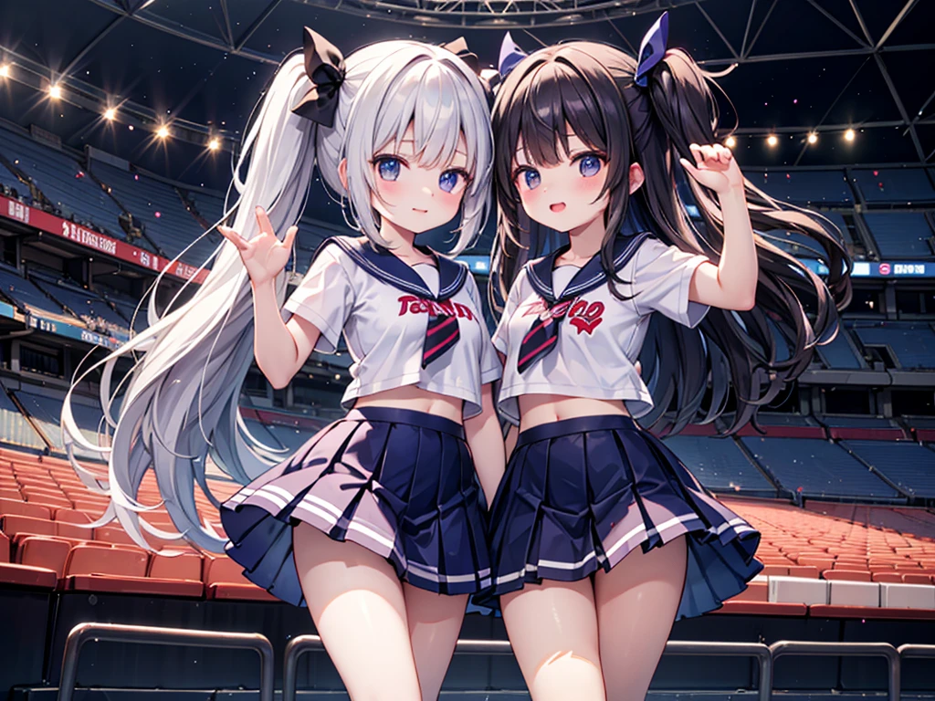 RAW Photos, Highest quality, High resolution, Very detailed、 8K image quality、Cheerleader trio、skirt、、Stadium、Put your arm around someone's shoulder