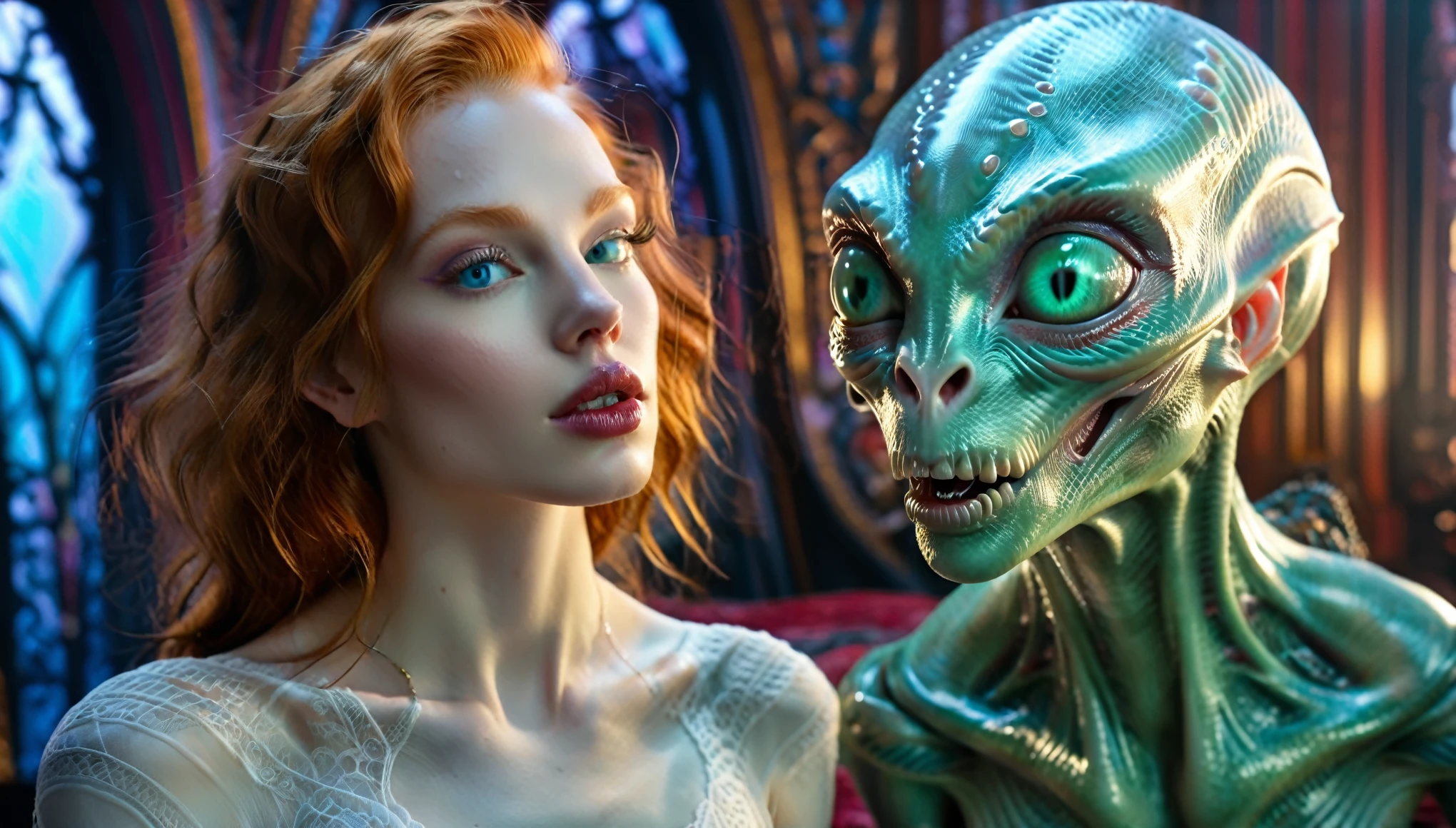 (masterpiece, 8K, UHD, RAW), A sexy Ginger haired girl kissing an evil alien on a bed, (((a beautiful young woman riding on top of one huge horrific alien))), (she rides the male alien with lustful femininity), her beautiful body is covered by a sheer translucent white lace bra with Art Nouveau embroidery, large sexy perky breasts, her pristine delicate features contrasts with the horrendous menacing fangs of the corrupted male alien, full body vibrant illustrations, intricately sculpted, realistic hyper-detailed portraits, queencore, depicts real life, the scene happens in a luxurious Art Nouveau boudoir with studio illumination,cream and teal silk satin,