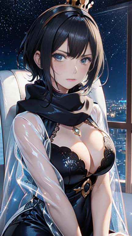 the same,
Depicts only one woman,

Black Hair,Wet hair texture,髪の毛からDripping水滴,
(Short Hair.05),Ashime,straight,

((Black Rose))Hair Accessories,Purple Necklace,

Natural skin texture,Big boobs,Narrow waist,Bring both arms together,

((((Black one piece dress)))),
Black scarf,
(((White transparent jacket))),
Golden crown,

Neuschwanstein Castle,Garden of Roses,stand up,
11:30 PM,darkness,Starry Sky,constellation,shooting star,moonlight,Streetscape,mirage,

Slightly larger breasts,expression(anger),Hall々and attitude,White teeth,Closed Mouth,Narrow your eyes halfway,
blush,From the side,Sexy pose,Broken posture,From the eyes(Tears)Dripping,

Natural depiction,
Beautiful depiction,
Shiny eyes,
Healthy Body,
Natural hairstyle,
Natural body contours,
Natural facial contours,
(Five fingers)Absolute depiction,Symmetrical fingers,
Two arms,
Two legs,
Sharp eyelid depiction,
Symmetrical eyes,Symmetrical eyes,
Keep the subject in the center,Expand the upper body,
Beautiful image quality,
Delicate shades,
4K,Very detailed,
Delicate light adjustment,
Delicate contour drawing,
Does not depict nipples,