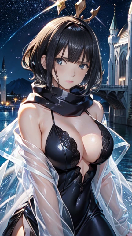 the same,
Depicts only one woman,

Black Hair,Wet hair texture,髪の毛からDripping水滴,
(Short Hair.05),Ashime,straight,

((Black Rose))Hair Accessories,Purple Necklace,

Natural skin texture,Big boobs,Narrow waist,Bring both arms together,

((((Black one piece dress)))),
Black scarf,
(((White transparent jacket))),
Golden crown,

Neuschwanstein Castle,Garden of Roses,stand up,
11:30 PM,darkness,Starry Sky,constellation,shooting star,moonlight,Streetscape,mirage,

Slightly larger breasts,expression(anger),Hall々and attitude,White teeth,Closed Mouth,Narrow your eyes halfway,
blush,From the side,Sexy pose,Broken posture,From the eyes(Tears)Dripping,

Natural depiction,
Beautiful depiction,
Shiny eyes,
Healthy Body,
Natural hairstyle,
Natural body contours,
Natural facial contours,
(Five fingers)Absolute depiction,Symmetrical fingers,
Two arms,
Two legs,
Sharp eyelid depiction,
Symmetrical eyes,Symmetrical eyes,
Keep the subject in the center,Expand the upper body,
Beautiful image quality,
Delicate shades,
4K,Very detailed,
Delicate light adjustment,
Delicate contour drawing,
Does not depict nipples,