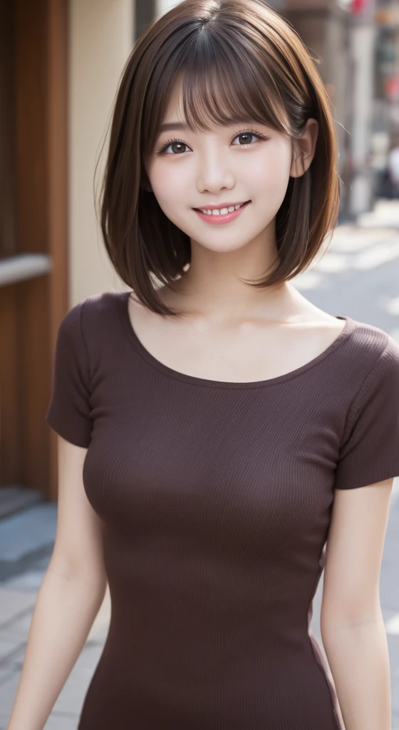 young,short hair,droopy eyes,long face,brown hair,short bangs,alone,high quality,beautiful skin,japanese,brown short sleeve dress,park,smile