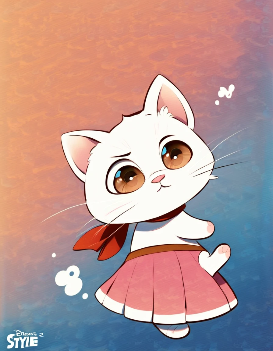 (Disney Pixar style: 1.5) (2:1.5) Create an image of a white kitten with brown eyes and a red bandana, pink skirt, on a blue background