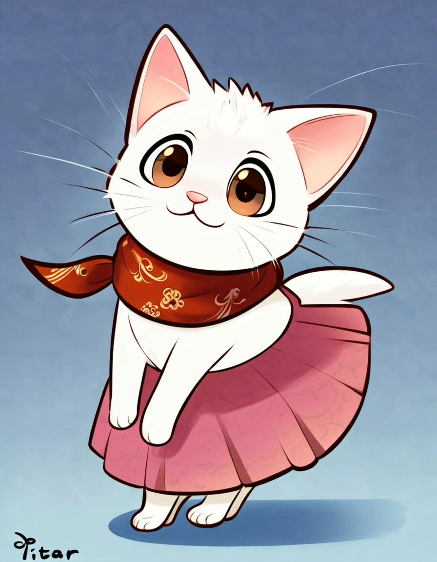 (Disney Pixar style: 1.5) (2:1.5) Create an image of a white kitten with brown eyes and a red bandana, pink skirt, on a blue background