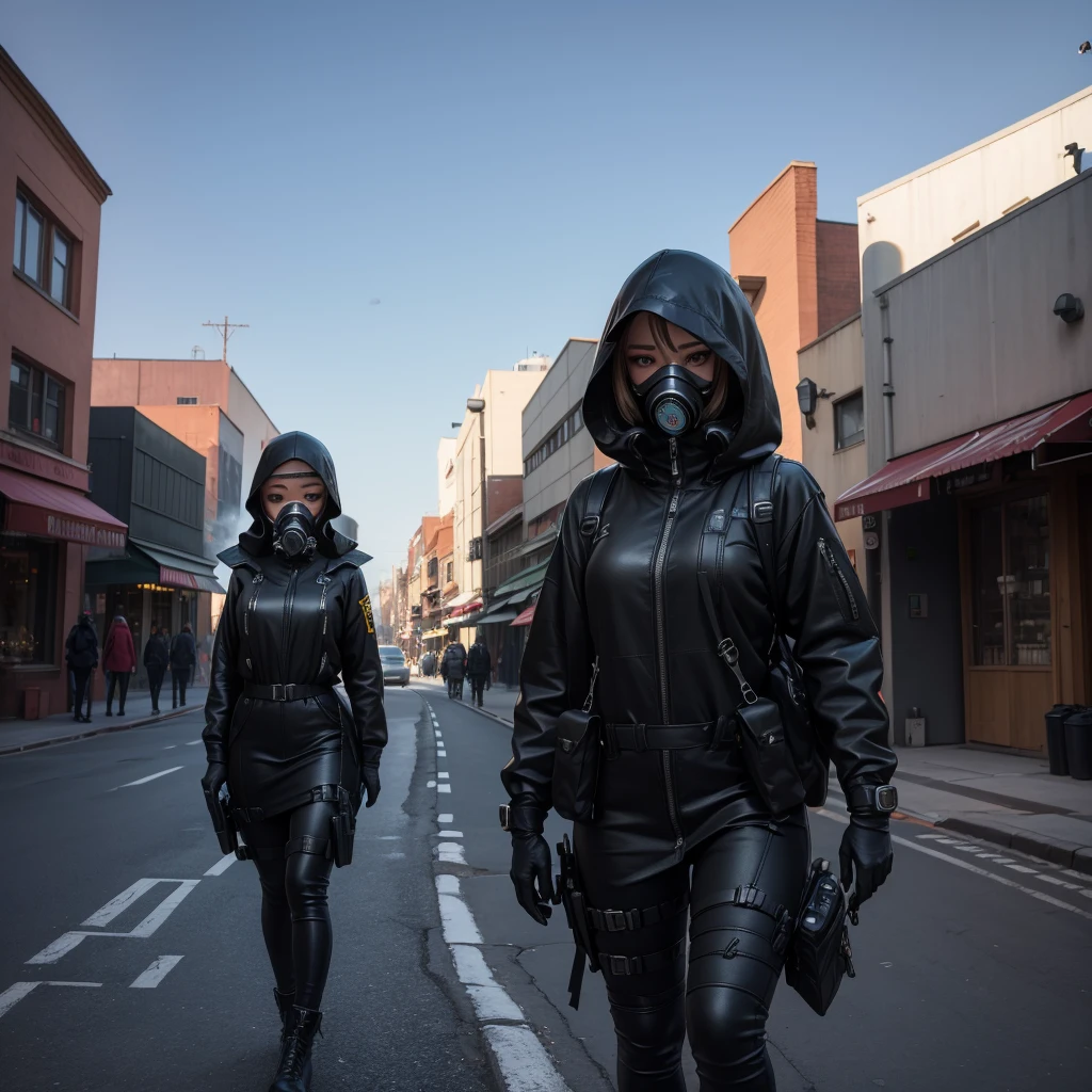 She is walking in middle of a street dressed in black and wearing a gas mask, abandon city with only one Power Nuclear Plant in the distance but there is not other people , there is a olive green toxic smoke in the air, ultra high quality, 4K, low angle, (masterpiece, top quality, best quality, official art, beautiful and aesthetic:1.2),