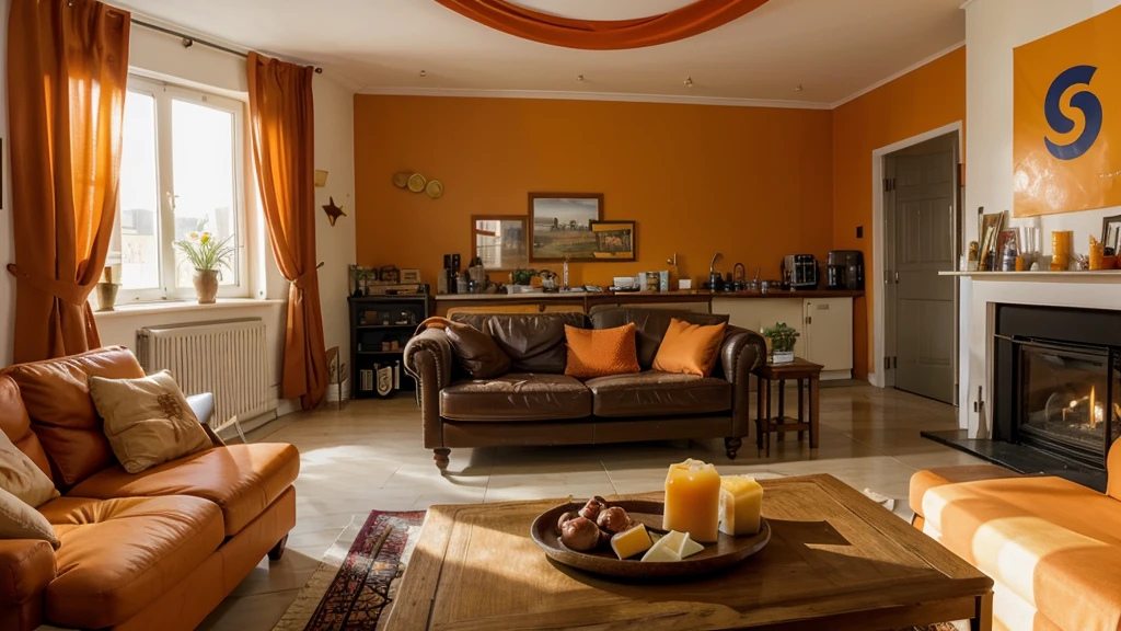 Living room, dutch flags, orange flags, cheese on table, snacks