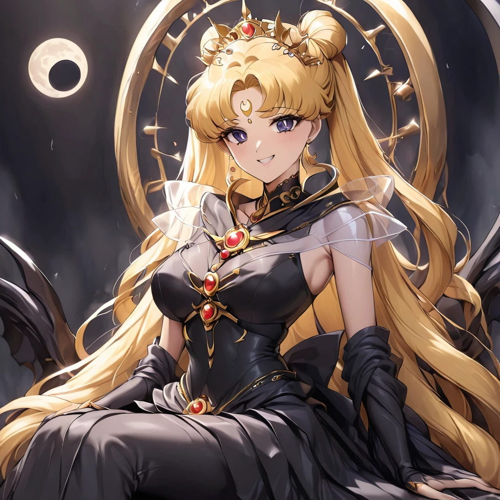 ((Highest quality)), ((masterpiece)), (detailed), (Perfect Face)、Black moon mark on forehead、The woman is Black Serenity, the noble dark queen of the Black Moon clan and has blonde hair.2The woman with long hair tied in a knot is Princess Serenity, sitting on a large throne next to the King of Darkness.、The woman has a black inverted crescent moon mark on her forehead, a gorgeous and glittering black gothic Victorian dress, a black veil and a black see-through cape, and is wearing luxurious jeweled accessories. She is the Queen of Darkness, the jet-black Princess Serenity, looking at the camera with a happy expression, and has the expression of a maiden in love.
