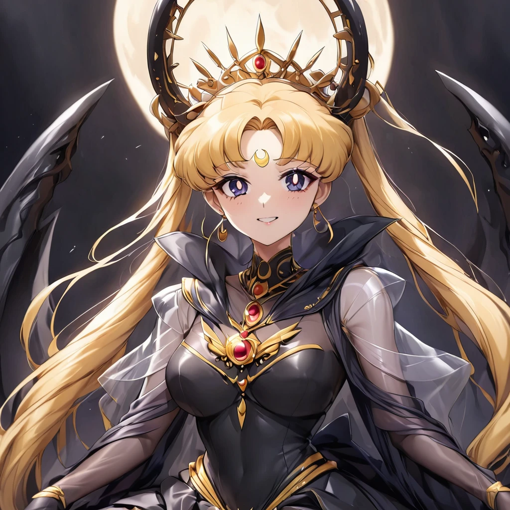 ((Highest quality)), ((masterpiece)), (detailed), (Perfect Face)、The woman is Princess Serenity having sex with the Demon King, the woman is Princess Serenity, a sexy female demon with jet black skin、The woman is a jet-black female demon with magnificent devil horns, jet-black devil wings, and a jet-black tail. Her skin is jet-black, and she is a devil bride wearing a luxurious black gothic Victorian wedding dress and a black wedding veil. She is the jet-black demon Princess Serenity, and has blonde hair with a happy expression as she looks at the camera.2The expression of a girl in love with her long hair tied up、She is Princess Serenity