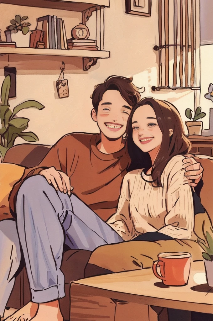 there is a man and woman sitting on a couch together, happy cozy feelings, smiling couple, detailed fanart, high quality fanart, happy couple, couples portrait, lovely couple, lofi art, official fanart, illustration style, lofi portrait, lofi, couple pose,  cute, couple portrait, lo-fi illustration style, both laughing, lofi artstyle