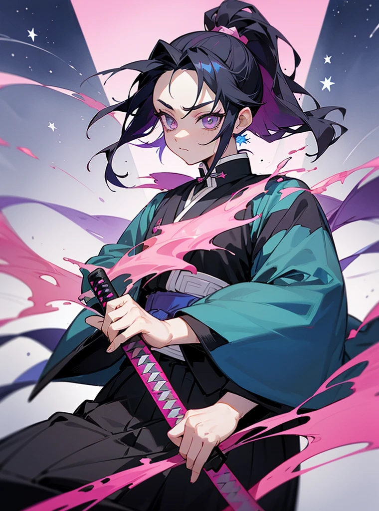 Create a demon slayer with a blue haori with stars hair tied with a ponytail of short black hair and pink highlights, grey eyes, 21 years old, semi white skin and would, in the style of kimetsu no yaiba and his katana with a star hilt, beautiful and take the stars&#39; breath