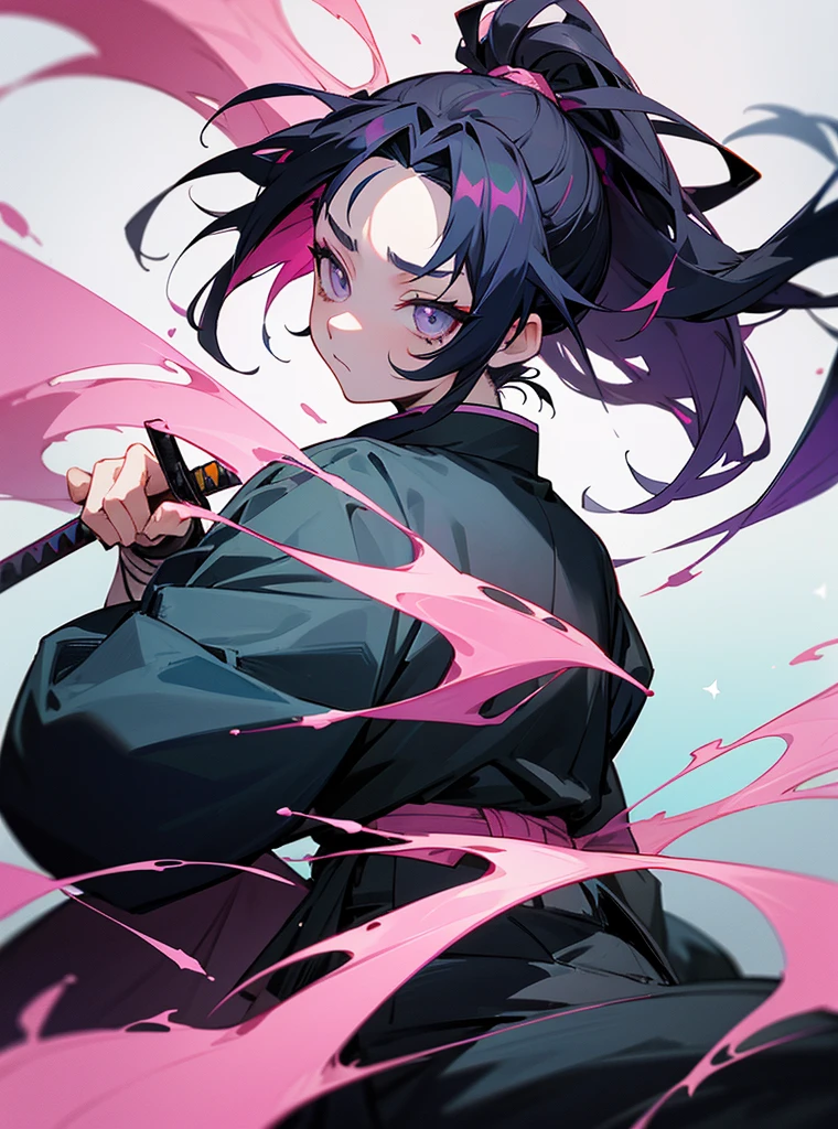 Create a demon slayer with a blue haori with stars hair tied with a ponytail of short black hair and pink highlights, grey eyes, 21 years old, semi white skin and would, in the style of kimetsu no yaiba and his katana with a star hilt, beautiful and take the stars&#39; breath
