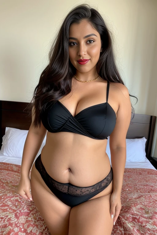 photo portrait of beautiful Indian busty milf belly fat model,  posing  inside her bedroom wearing sexy black see through saree  , her waist is 36 and fatty stomach, looking at viewer, lense flare, (realistic eyes, symmetric face:0.8) (masterpiece:1.2) (photorealistic:1.2) (bokeh) (best quality) (detailed skin) (intricate) (8k) (HDR) (cinematic lighting) (sharp focus), big breast, big natural lips, dark red lips, sparkling day dreams eyes.  wearing a golden chain around her belly