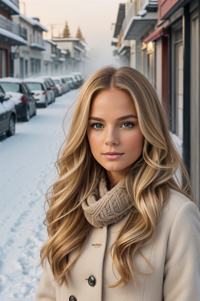 proFessional portrait photograph oF a gorgeous Norwegian girl in winter clothing with long wavy blonde hair, sultry Flirty look, gorgeous symmetrical Face, lindo maquillaje natural, wearing elegant warm winter Fashion clothing, ((parado afuera en una calle nevada de la ciudad)), impresionante entorno urbano moderno, ultra realista, arte conceptual, elegant, muy detallado, Intrincado, sharp Focus, depth oF Field, F/1. 8, 85mm, Tiro medio, plano medio, (((proFessionally color graded))), bright soFt diFFused light, (volumetric Fog), tendencia en instagram, hdr 4k, 8k
