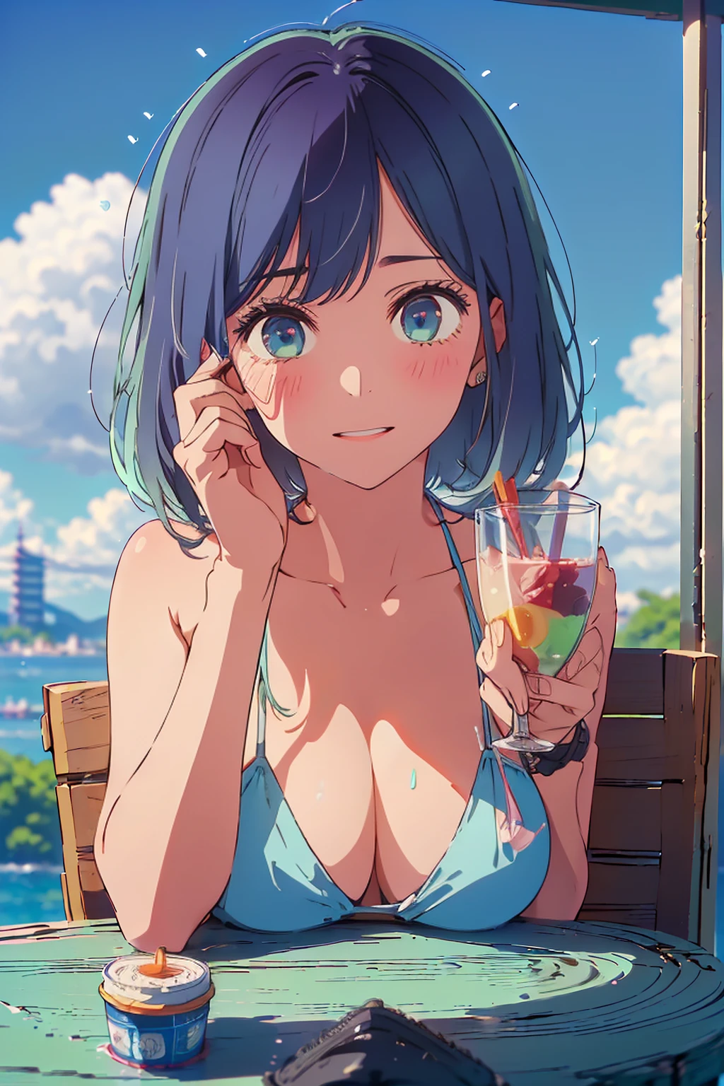 (Highest quality:1.4、masterpiece:1.uper detailed:1.4、8K:1.4)、F cup bust、Bigim body、((((1 person、Surprised expression、sit、Chair、In the background are the urban buildings of Tokyo、looking at the camera、Outdoor café terrace、coastal、Navy hair color、juice、table、Shooting up close、Very cute face))))、(Pose of putting hair behind ears with hands:1.4、Cheek resting on hand:1.4)、((nude、Areola、bi))、Vee sky、A completely cloudless sky、Big eyes、((((Shallow depth of field))))、Pink Lips