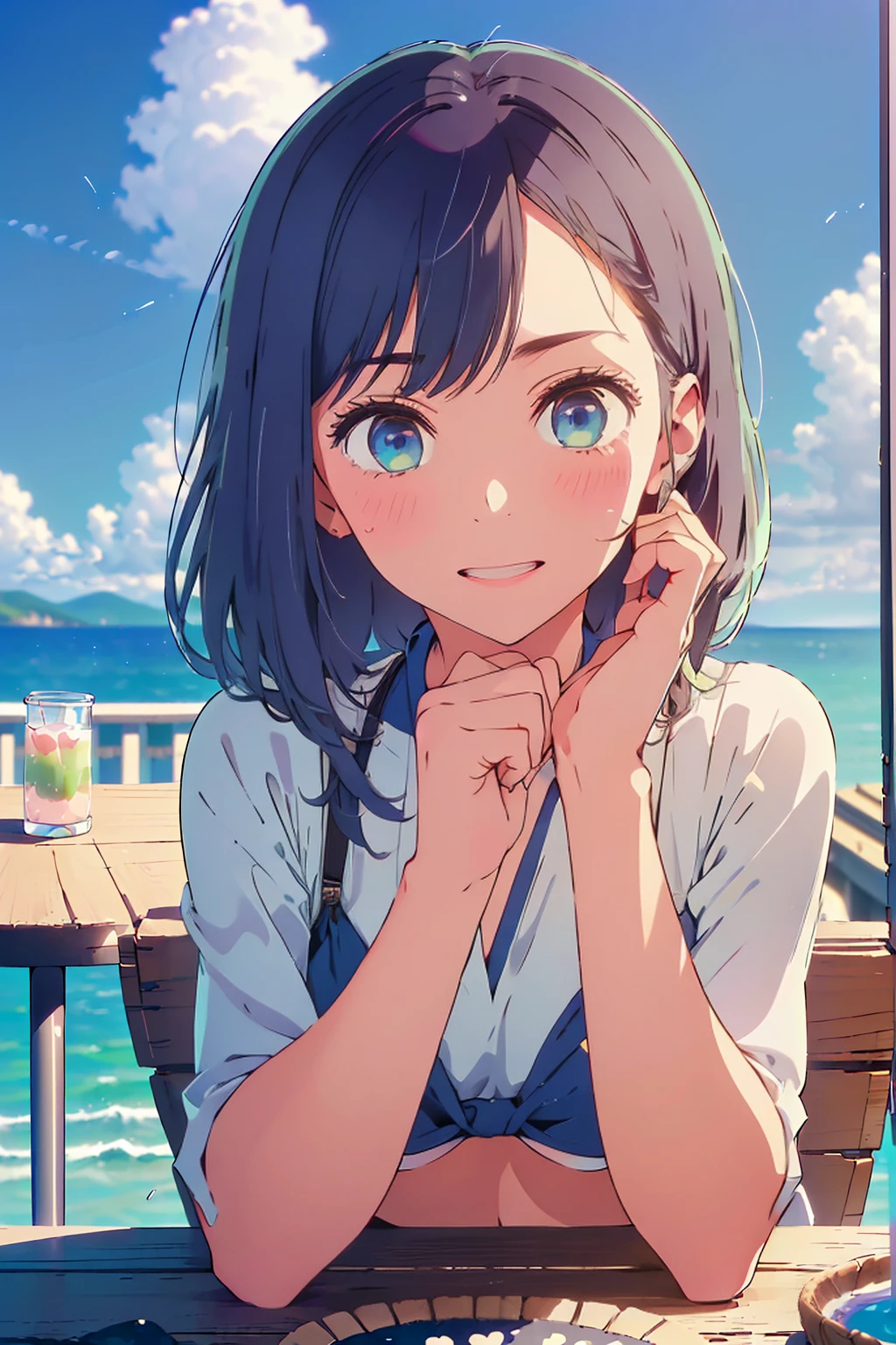 (Highest quality:1.4、masterpiece:1.4、Super detailed:1.4、8K:1.4)、F cup bust、Big Breasts、Slim body、((((1 person、Surprised expression、sit、Chair、In the background are the urban buildings of Tokyo、looking at the camera、Outdoor café terrace、coastal、Navy hair color、juice、table、Shooting up close、Very cute face))))、(Pose of putting hair behind ears with hands:1.4、Cheek resting on hand:1.4)、((nude、Areola、bikini))、Very blue sky、A completely cloudless sky、Big eyes、((((Shallow depth of field))))、Pink Lips