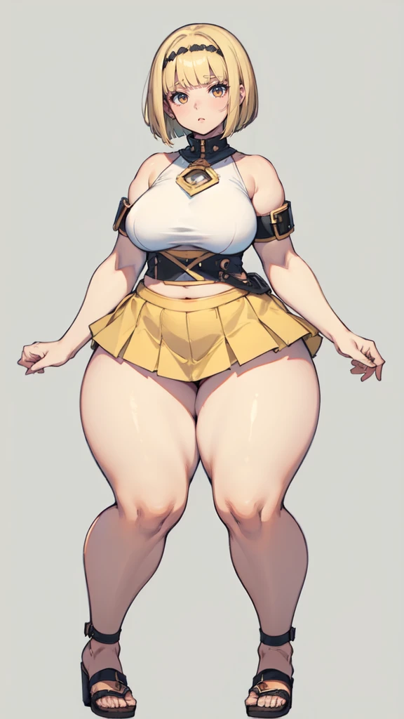 blank background, (((full body))), (masterpiece), ((best quality)), (very short girl), flat chest, blunt bangs, bobcut, (wide hips:1.4), (thick thighs:1.5), (very short skirt), sandals, belt below navel, fanny packs, blonde