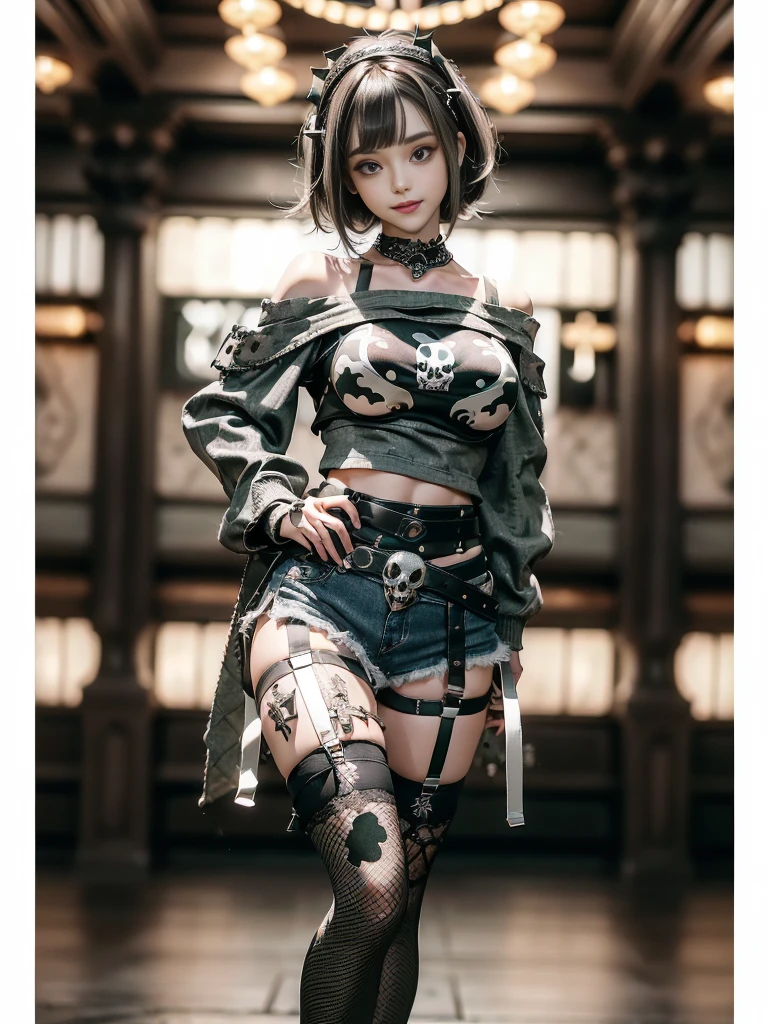 (Side view:1.1)、(Beautiful skin, lips and nose:1.4)、(Smiling with teeth showing:1.3),(Fashion Model:1.5)、(Gothic Lolita delicately decorated battle uniform:1.5)、(Moss green off-shoulder hoodie:1.5)、(Black, silver and white shorts:1.4)、(denim garter belt:1.5)、(Black and camouflage knee socks:1.3)、(Skull Silver Accessories:1.5)、(Lace collar:1.3)、(Brown Skin Belt:1.4)、(Brown boots:1.2)、(Underwear has polka dots:1.4)、23 years old、((Highest quality、In 8K、masterpiece:1.3))、Sharp focus:1.2、(Layered Cut、Huge boobs:1.1),Beautiful woman with perfect figure:1.4、(Dancing vigorously:1.3)、Slender Abs:1.2、Highly detailed face and skin texture、Detailed eyes、double eyelid,(Bob Hair:1.3)、(Brown Hair:1.3)、Gravure idol、(The background is a luxurious dance hall.:1.3)、(Slim body:1.2),(Make your legs thinner:1.4),(clavicle:1.1)