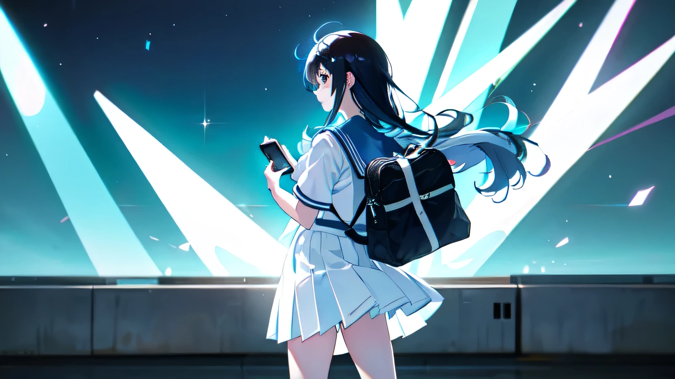 High resolution: 1.7, Unbelievably ridiculous, cute: 1, cute: 1.5, employment.repair: 1.5, Anime Visual: 1, Incredible illustrations, Translucent white skin, Blue Hair, Black Hair, Long Hair、whole body、Standing posture、Facing right、profile、White and light blue sailor suit and light blue skirt、Smartphone in your right hand、Looking at smartphone、School bag on both shoulders