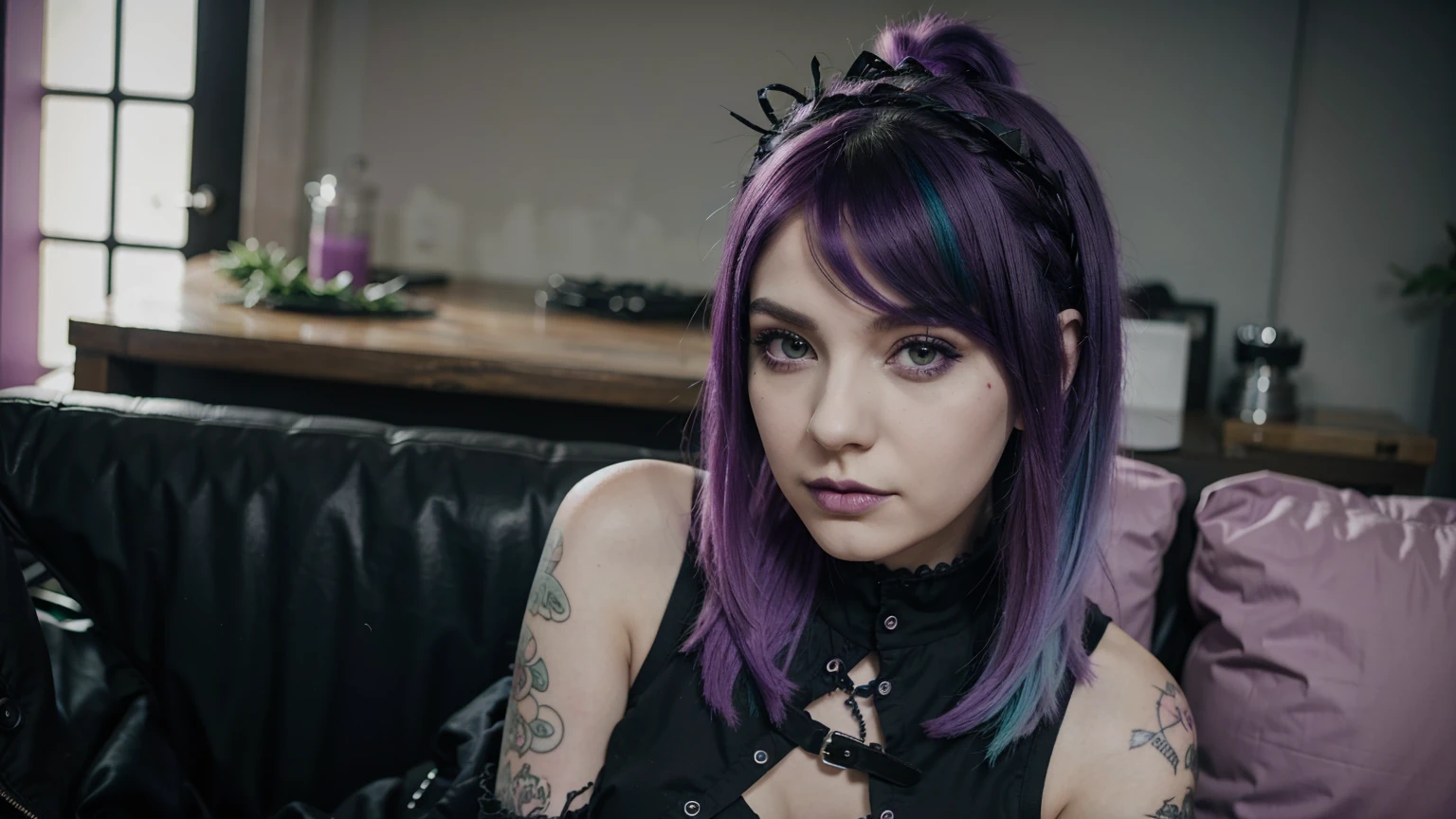 Arafed woman with green and purple hair sitting, pastel gothic, pastel goth aesthetic, pale goth beauty, 1 7 - year - old goth girl, goth girl aesthetic, goth girl, colores pastel oscuros, cabello pastel, loish |, Loish y Wlop, Desbordamiento pastel, gothic ambient, Una chica emo, Maquillaje Emo, coloured hair, established shot