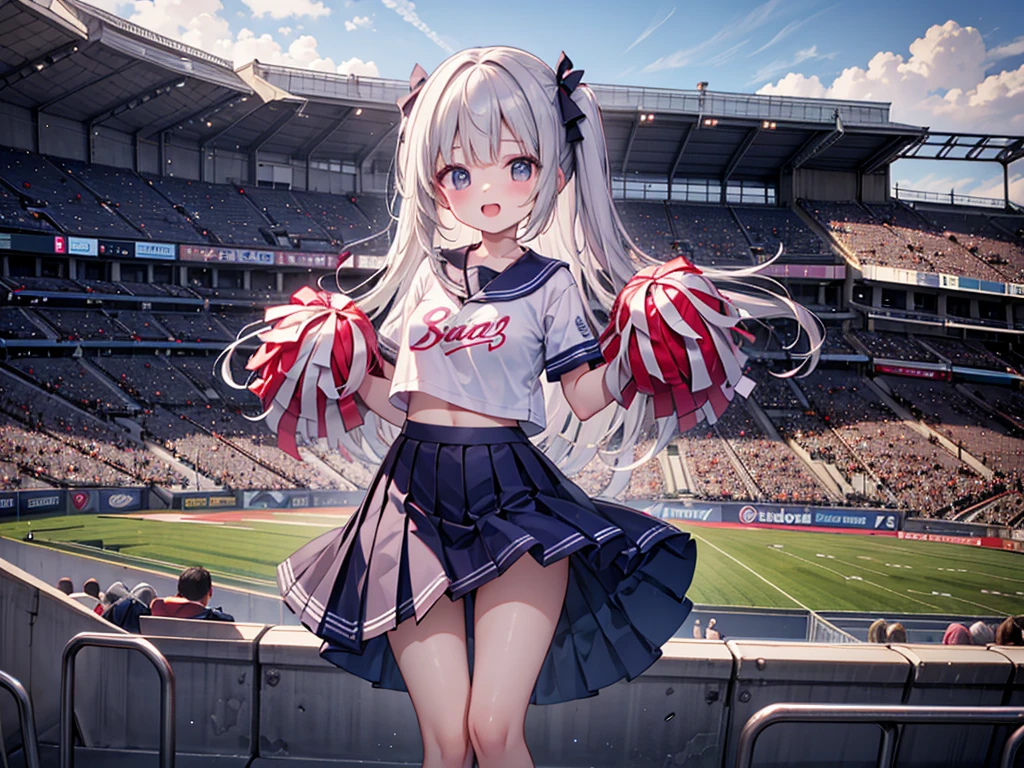 RAW Photos, Highest quality, High resolution, Very detailed、 8K image quality、Cheerleader、skirt、、Stadium、Pussy、Jump、Floating in the air、3 people